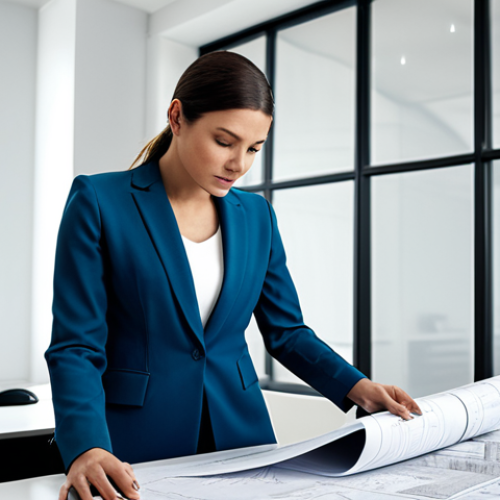 **

"A professional female architect in a modern office setting, fully clothed in a stylish, modest pantsuit, reviewing blueprints. Natural lighting, clean design, focused expression. Safe for work, appropriate content, perfect anatomy, well-formed hands, professional, family-friendly."

**