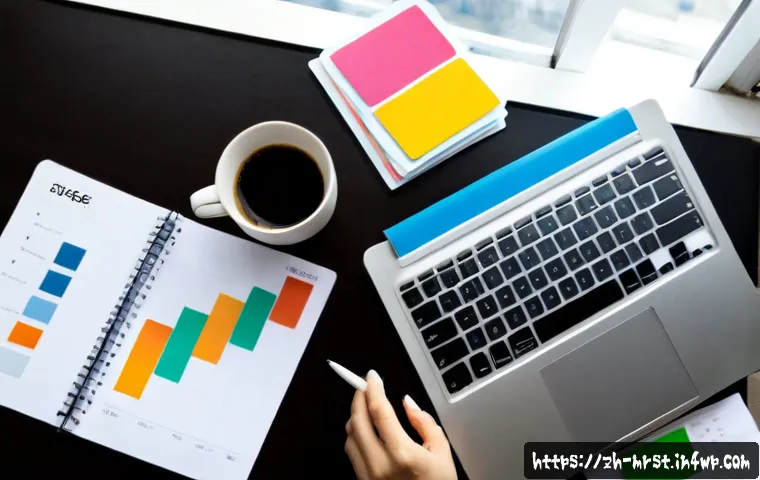 콘텐츠 마케팅 KPI 설정 방법 - Photorealistic overhead view of a content marketing strategist at a clean modern desk, arranging col...